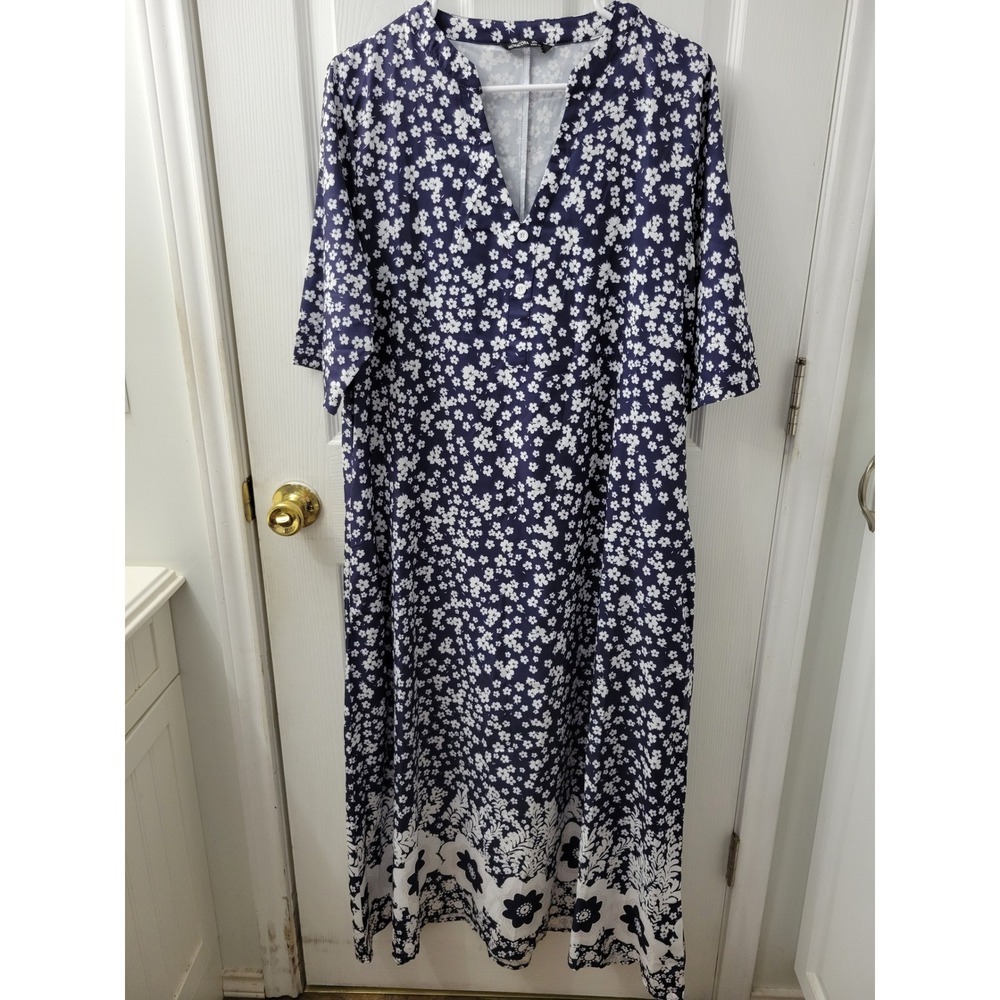 Noracora Navy Blue White Floral Maxi Dress XL V-Neck Elbow Sleeve 1367860#